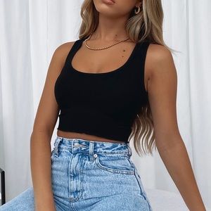 All For One Ribbed Crop Black Tank